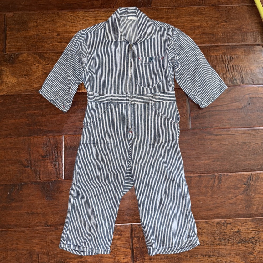 Antique Toddle Time Coveralls Size 2T Blue White Striped 30's Button Flap Bottom